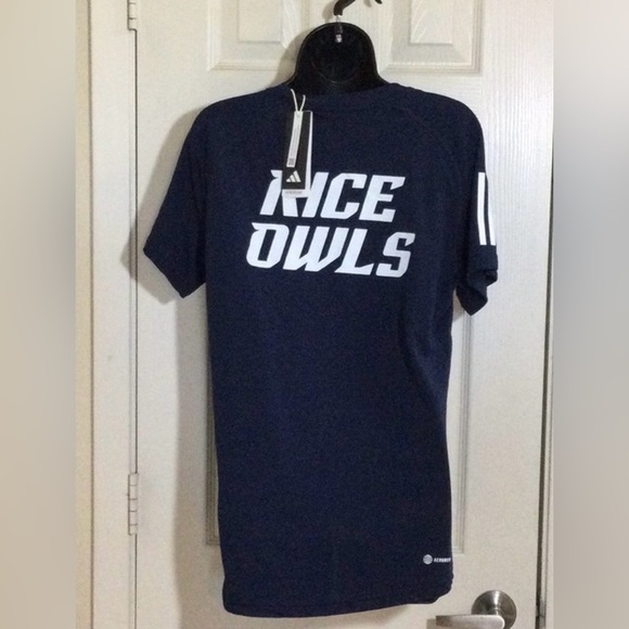 Adidas Womens Aeroready Rice Owls Club Tee T Shirt  Short Sleeve Stripe Sz L New - Picture 1 of 6